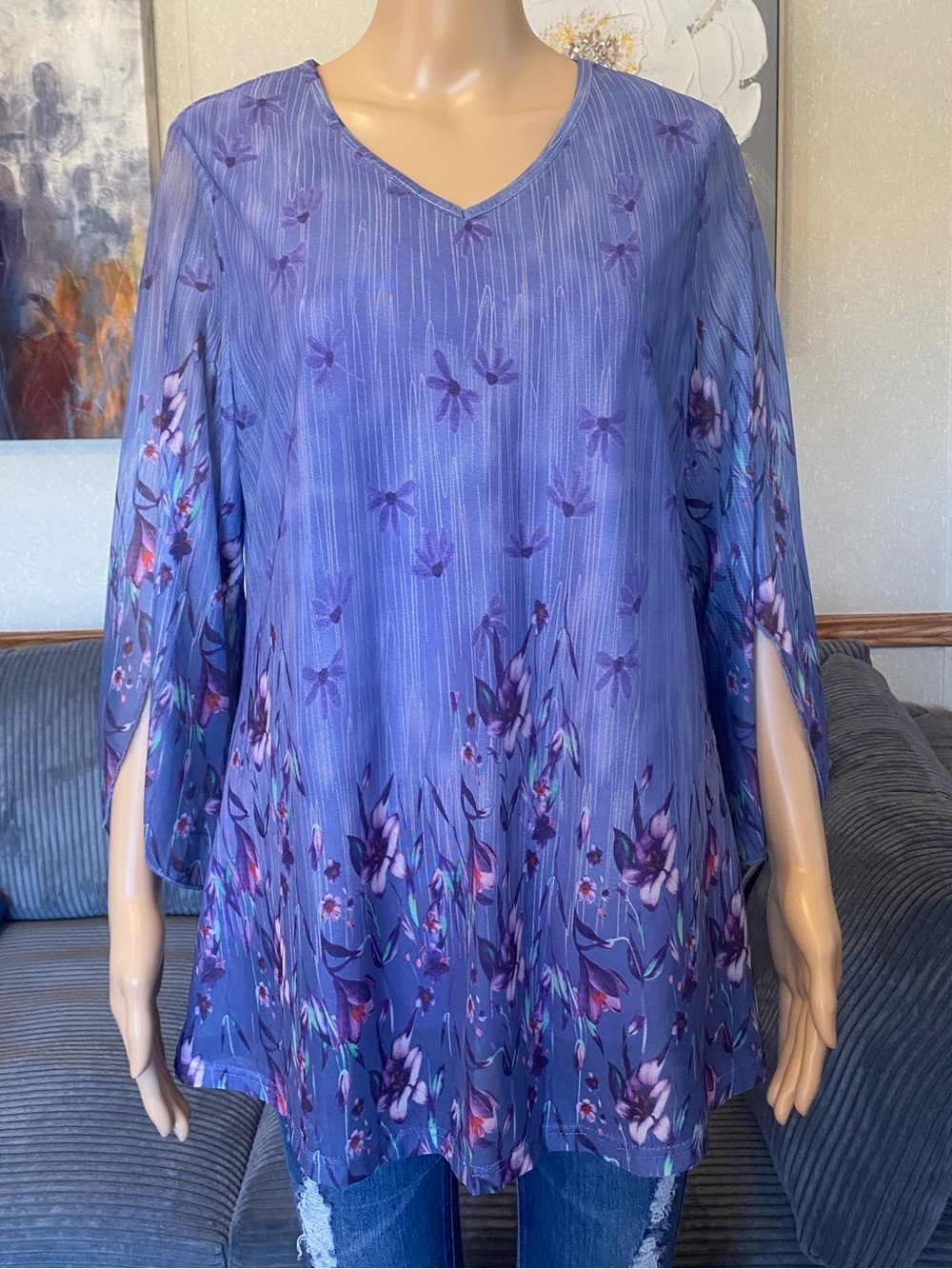 Purple Floral V-Neck with Ruffled Sleeves